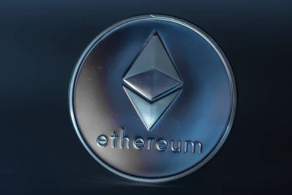 Ether Coin Ethereum Black Background Large View Blue Light — Stock Photo, Image