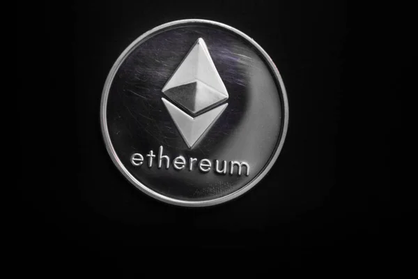 Silver Ether Coin Cryptocurrency Top Middle Black Background — Stock Photo, Image