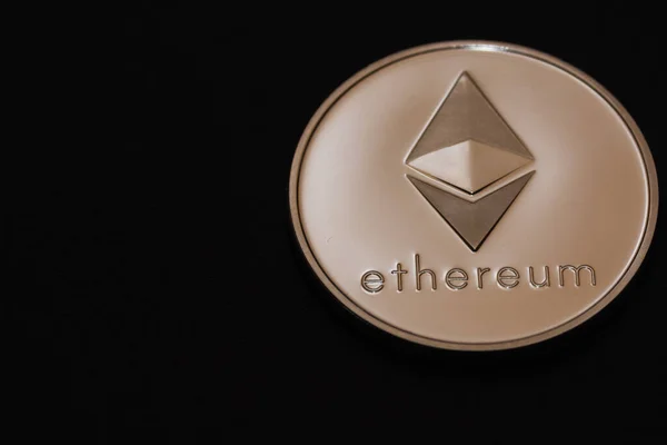 Valueable Silver Ether Coin Cryptocurrency Black Background Large View — Stock Photo, Image