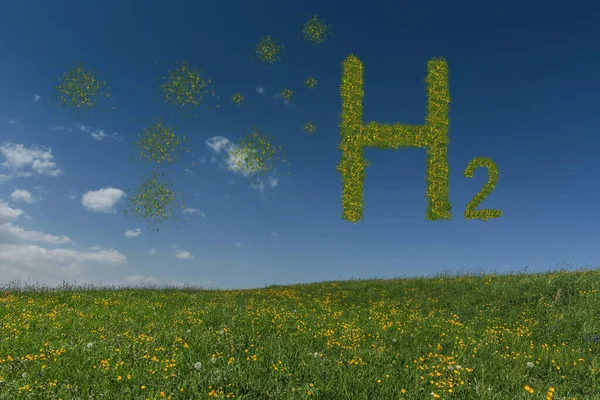 绿点和天空上有草质氢H2的大写字母 — 图库照片