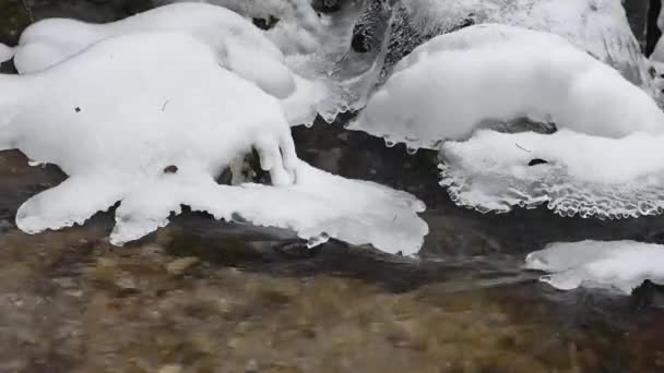 Ρέει Καθαρό Νερό Πάγο Χειμώνα Στα Βουνά — Αρχείο Βίντεο