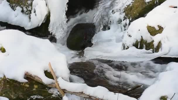 Όμορφο Ρυάκι Πάγο Χειμώνα Στα Βουνά — Αρχείο Βίντεο