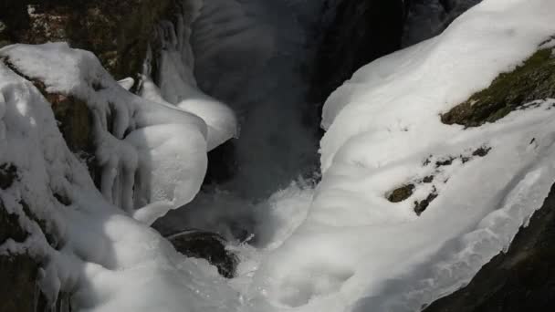 Καταρράκτη Πεζοπορία Στο Χιόνι Στα Βουνά Χειμώνα — Αρχείο Βίντεο