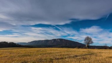 Hızlandırılmış alan ve ağaç yüksek duvarda bulutlarla yürürken