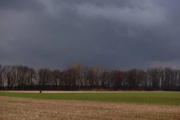 Ciclista Único Uma Rua Com Campos Nuvens Escuras Chuva Sobre — Fotografia de Stock