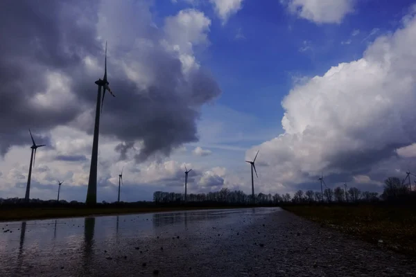 Wet Road Reflection Heavy Rain Wind Turbines Clouds — Stock fotografie