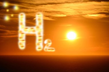 Parlayan H2 hidrojen harfleri ve parlak turuncu günbatımı deniz _ 2