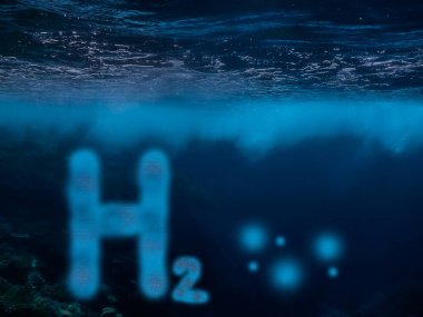 Sudaki mavi H2 hidrojen harfleri denizdeki rüzgardan gelen girdaplarla