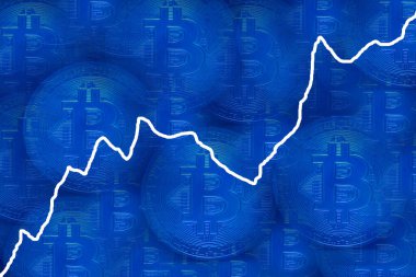 valueable many blue bitcoin crypto currency with blue background and a white rising chart clipart