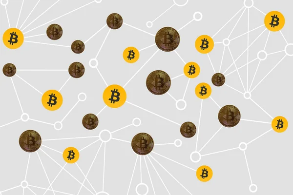 Preziosi Molti Bitcoin Reali Falsi Collegati Rete — Foto Stock