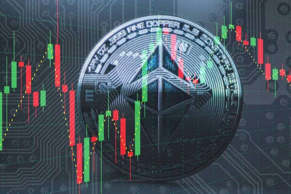 Ethereum 'dan yükselen grafiği ve elektrik devre diyagramı olan tek bir mavi eter madeni para.