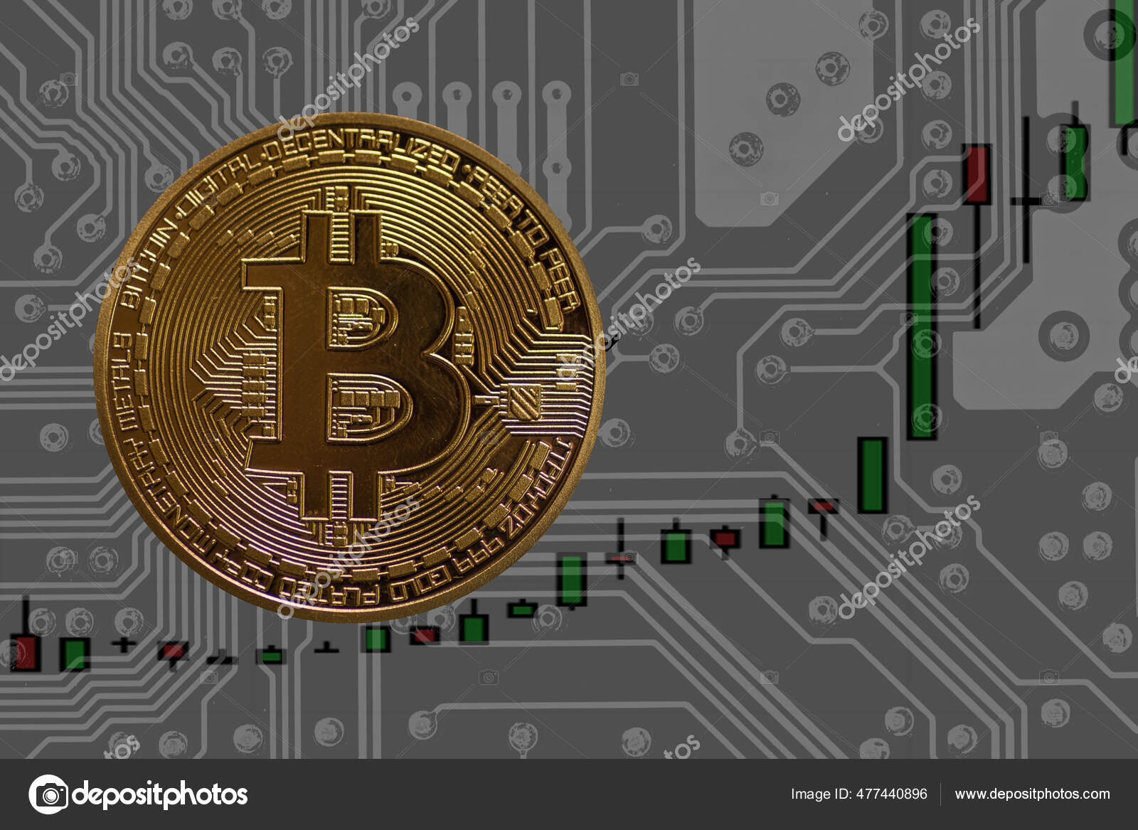 의가치 황금색 비트코인 도표와 회로도 — 스톡 에디토리얼 사진 © thomaseder #477440896