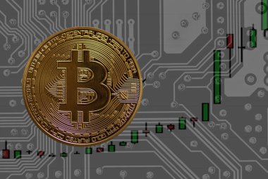 Tek değerli altın bitcoin bir tablo ve gri bir elektrik devre diyagramı.