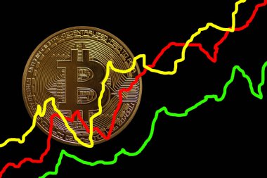 Koyu siyah arkaplan üzerinde değerli altın bitcoin renkli yükselen grafiklerle