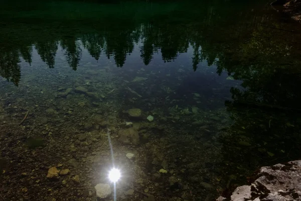 Odraz Slunce Stromů Průzračné Vodě Horského Jezera Při Turistice — Stock fotografie