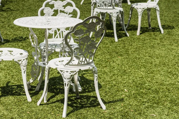 White Nice Tables Chairs Green Meadow Wedding Garden Summer — Stock Photo, Image