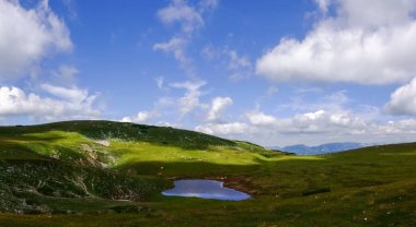 Mavi gökyüzü manzaralı yeşil dağ manzarasında harika bir gölet.