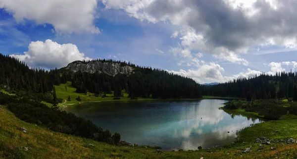 산속의 호수에서 나무를 파노라마 관광을 — 스톡 사진