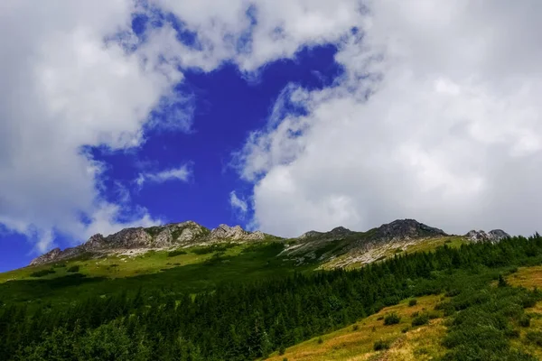 Montanha Maravilhosa Com Lugares Verdes Nuvens Brancas Céu Azul Verão — Fotografia de Stock