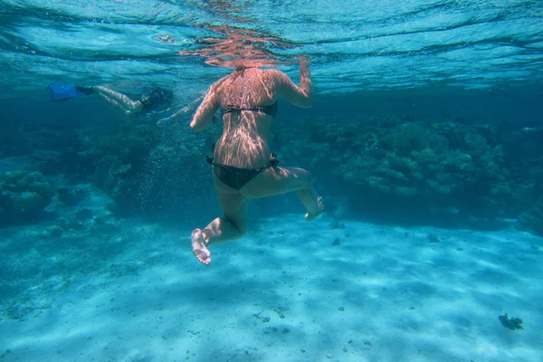 Kvinnan i svart bikini i havet — Stockfoto