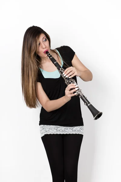 Woman play clarinet — Stock Photo, Image