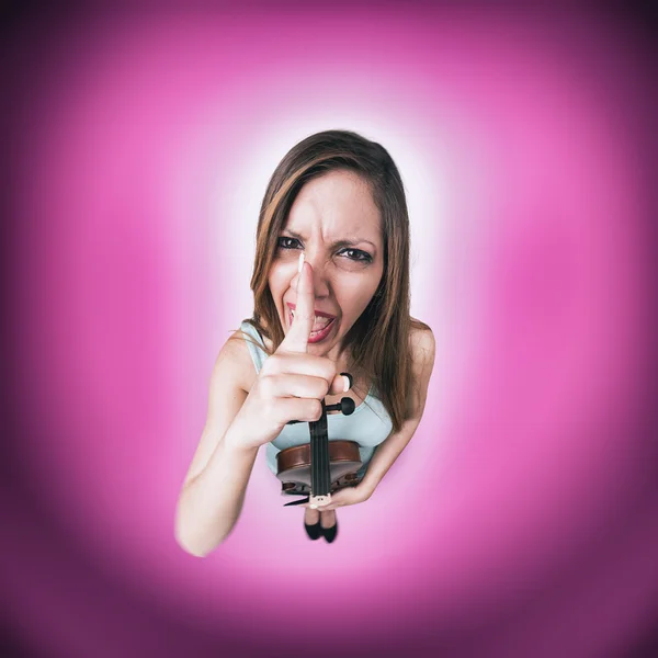 Funny woman with violin say shut up — Stock Photo, Image