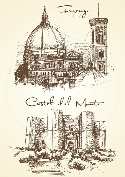 Mão desenhada Florença e Castel del Monte — Vetor de Stock