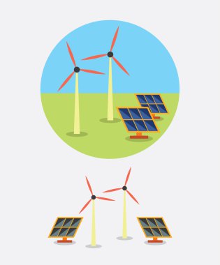 Yenilenebilir enerji ile vektör düz simgesi: Rüzgar Türbini ve güneş panelleri