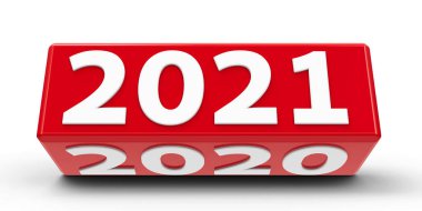 Beyaz bir tablodaki 2021-2020 değişikliğiyle kırmızı küp (cuboid) yeni 2021, üç boyutlu çizim, üç boyutlu illüstrasyon
