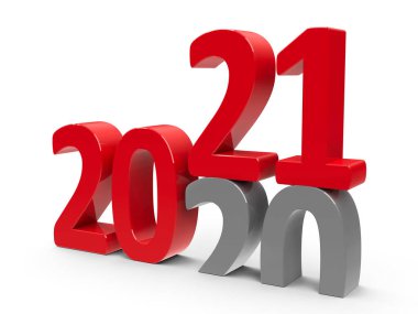 2020-2021 değişimi yeni yılı temsil ediyor. 2021, üç boyutlu çizim, üç boyutlu illüstrasyon.