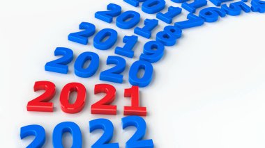 Çemberdeki 2021 geçişi yeni yıl 2021 'i temsil ediyor, üç boyutlu çizim, üç boyutlu illüstrasyon