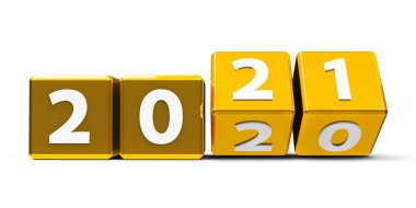 2020-2021 yılları arasında beyaz bir masa üzerinde değişen altın küpler yeni 2021 'i temsil ediyor, üç boyutlu çizim, üç boyutlu illüstrasyon