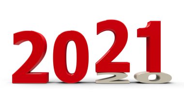 2020-2021 değişimi yeni yılı temsil ediyor. 2021, üç boyutlu çizim, üç boyutlu illüstrasyon.
