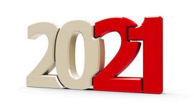 Kırmızı 2021 sembolü, beyaz arkaplanda izole edilmiş simge veya düğme, yeni yıl 2021 'i, üç boyutlu canlandırmayı, üç boyutlu illüstrasyonu temsil eder.