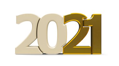 Altın 2021 sembolü, beyaz arkaplanda izole edilmiş simge veya düğme, yeni yıl 2021 'i temsil ediyor, üç boyutlu çizim, üç boyutlu illüstrasyon