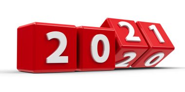Beyaz bir masadaki 2020-2021 arası kırmızı küpler yeni 2021 'i temsil ediyor, üç boyutlu çizim, üç boyutlu illüstrasyon