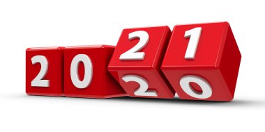 Beyaz bir masadaki 2020-2021 arası kırmızı küpler yeni 2021 'i temsil ediyor, üç boyutlu çizim, üç boyutlu illüstrasyon
