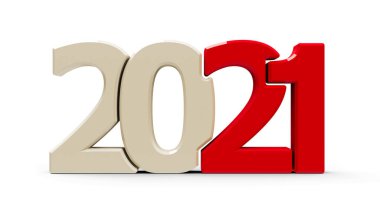Kırmızı 2021 sembolü, beyaz arkaplanda izole edilmiş simge veya düğme, yeni yıl 2021 'i, üç boyutlu canlandırmayı, üç boyutlu illüstrasyonu temsil eder.