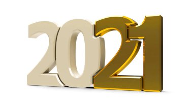 Altın 2021 sembolü, beyaz arkaplanda izole edilmiş simge veya düğme, yeni yıl 2021 'i temsil ediyor, üç boyutlu çizim, üç boyutlu illüstrasyon