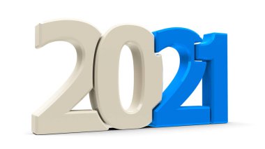 Mavi 2021 sembolü, beyaz arkaplanda izole edilmiş simge veya düğme, yeni yıl 2021 'i temsil ediyor, üç boyutlu çizim, üç boyutlu illüstrasyon