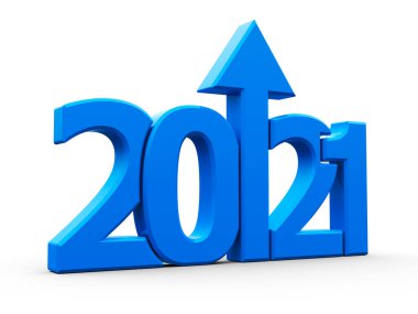 Beyaz zemin üzerinde yalıtılmış ok ile mavi 2021, yeni yıl 2021 'de büyümeyi temsil ediyor, üç boyutlu çizim, üç boyutlu illüstrasyon