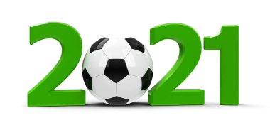 Yeşil 2021, beyaz arka planda izole edilmiş futbol, 2021 futbol müsabakasını temsil ediyor, üç boyutlu çizim, üç boyutlu illüstrasyon