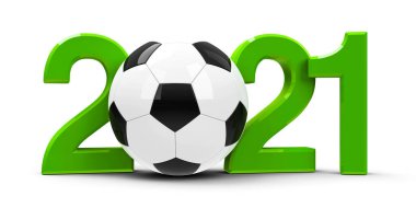 Yeşil 2021, beyaz arka planda izole edilmiş futbol, futbol şampiyonluğunu temsil ediyor, üç boyutlu çizim, üç boyutlu illüstrasyon