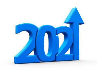 Beyaz zemin üzerinde yalıtılmış ok ile mavi 2021, yeni yıl 2021 'de büyümeyi temsil ediyor, üç boyutlu çizim, üç boyutlu illüstrasyon