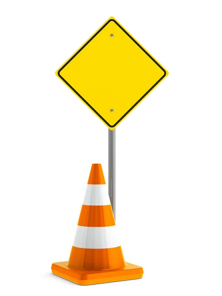 Sinal de estrada e cone de tráfego — Fotografia de Stock