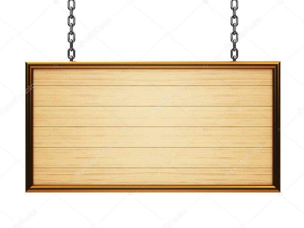 Wooden rectangle signboard on chain