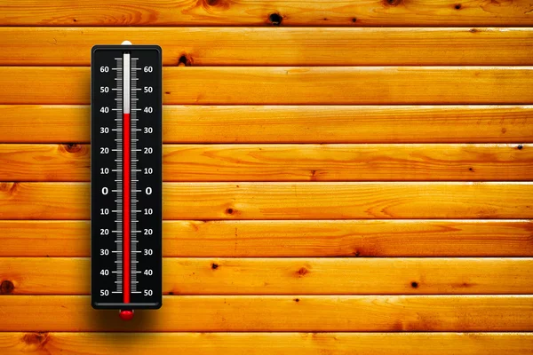 3d Thermometer heat on wood background — Stock Photo, Image