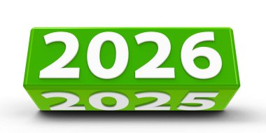 Beyaz bir tablodaki 2026-2025 değişikliğiyle yeşil küp (küboid) yeni 2026, üç boyutlu çizim, üç boyutlu illüstrasyon