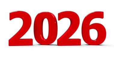 Kırmızı 2026 sembolü, beyaz arkaplanda izole edilmiş simge veya düğme, yeni yıl 2026 'yı, üç boyutlu canlandırmayı, üç boyutlu illüstrasyonu temsil eder.