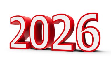 Kırmızı 2026 sembolü, beyaz arkaplanda izole edilmiş simge veya düğme, yeni yıl 2026 'yı, üç boyutlu canlandırmayı, üç boyutlu illüstrasyonu temsil eder.
